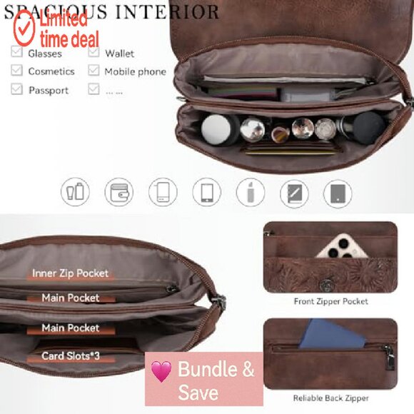 Vegan Leather Crossbody Bag with Phone Pocket, Adjustable Strap, Triple - Picture 5 of 7